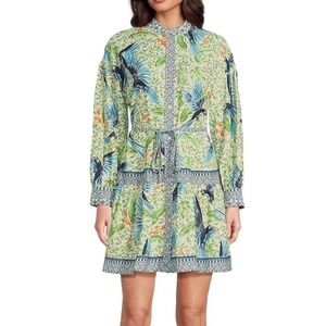 Alex Marie Long Sleeve Mandarin Neck Button Front Midi Dress: Bird Print